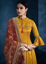 Load image into Gallery viewer, Yellow and Red Kalidar Embroidered Plazzo Style Suit fashionandstylish.myshopify.com
